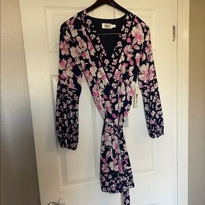Eliza J Navy Floral Wrap Dress with Pink and White Blossoms